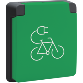 Borne de recharge pour vélos, étanche aux projections d'eau 16 A/250 Vac avec broche de terre, obturateurs de protection et avec bornes à connexion rapide, couleur noir
