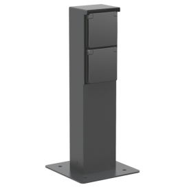 Borne de jardin étanche aux projections d'eau avec deux prises de courant, broche de terre et platine, couleur noir