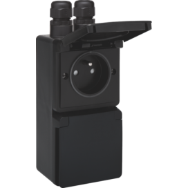 Prise double verticale étanche aux projections d’eau, avec broche de terre, obturateurs de protection et bornes à connexion rapide - y compris boîte en saillie avec deux entrées au-dessus, couleur noir