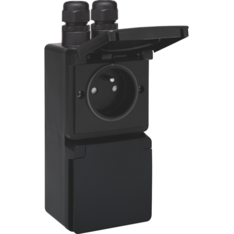 Prise double verticale étanche aux projections d’eau, avec broche de terre, obturateurs de protection et bornes à connexion rapide - y compris boîte en saillie avec deux entrées au-dessus, couleur noir