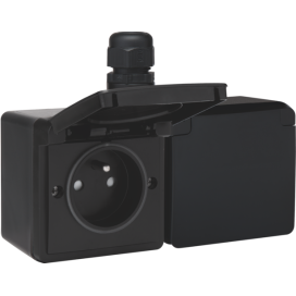 Prise double horizontale étanche aux projections d’eau, avec broche de terre, obturateurs de protection et bornes à vis - y compris un boîtier avec une entrée au-dessus, couleur noir