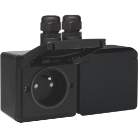 Prise double horizontale étanche aux projections d’eau, avec broche de terre, obturateurs de protection et bornes à vis - y compris un boîtier en saillie avec deux entrées au-dessus, couleur noir