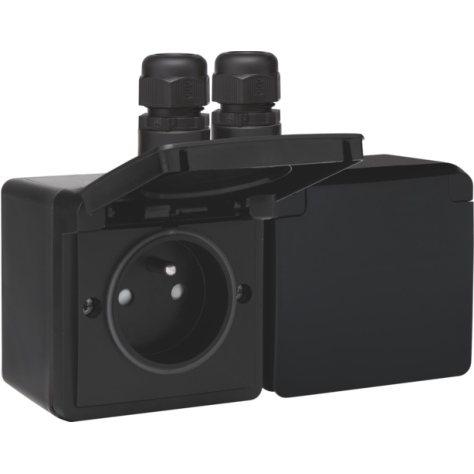 Prise double horizontale étanche aux projections d’eau, avec broche de terre, obturateurs de protection et bornes à vis - y compris un boîtier en saillie avec deux entrées au-dessus, couleur noir