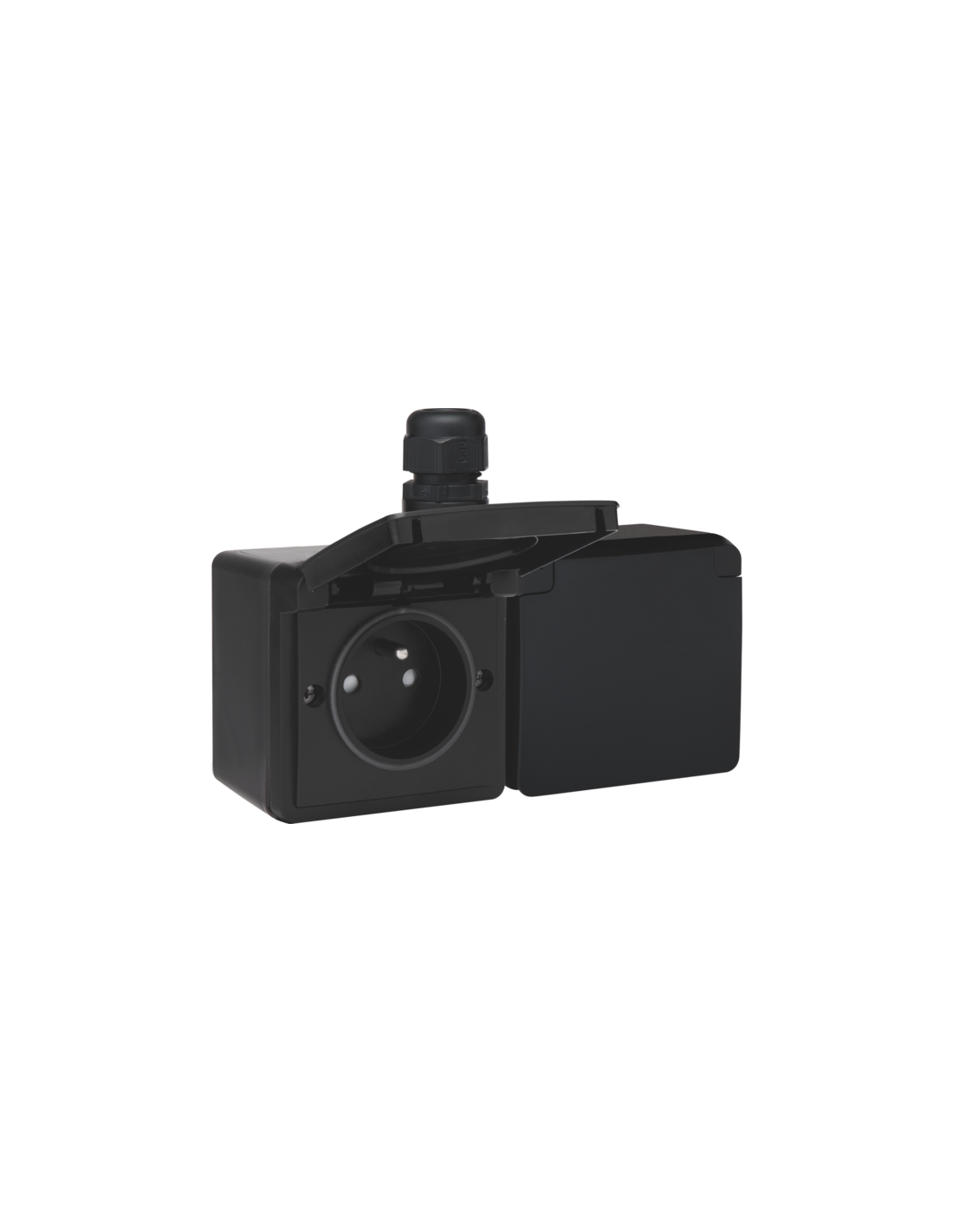 Prise double horizontale étanche aux projections d’eau, avec broche de terre, obturateurs de protection et bornes à connexion rapide – y compris un boîtier en saillie avec une entrée au-dessus, couleur noir