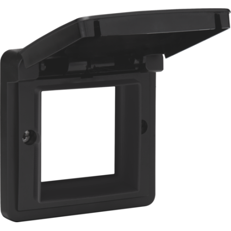 Cadre d’adaptation avec clapet pour fonctions 45 x 45 mm dans des boîtes de montage étanches, couleur noir
