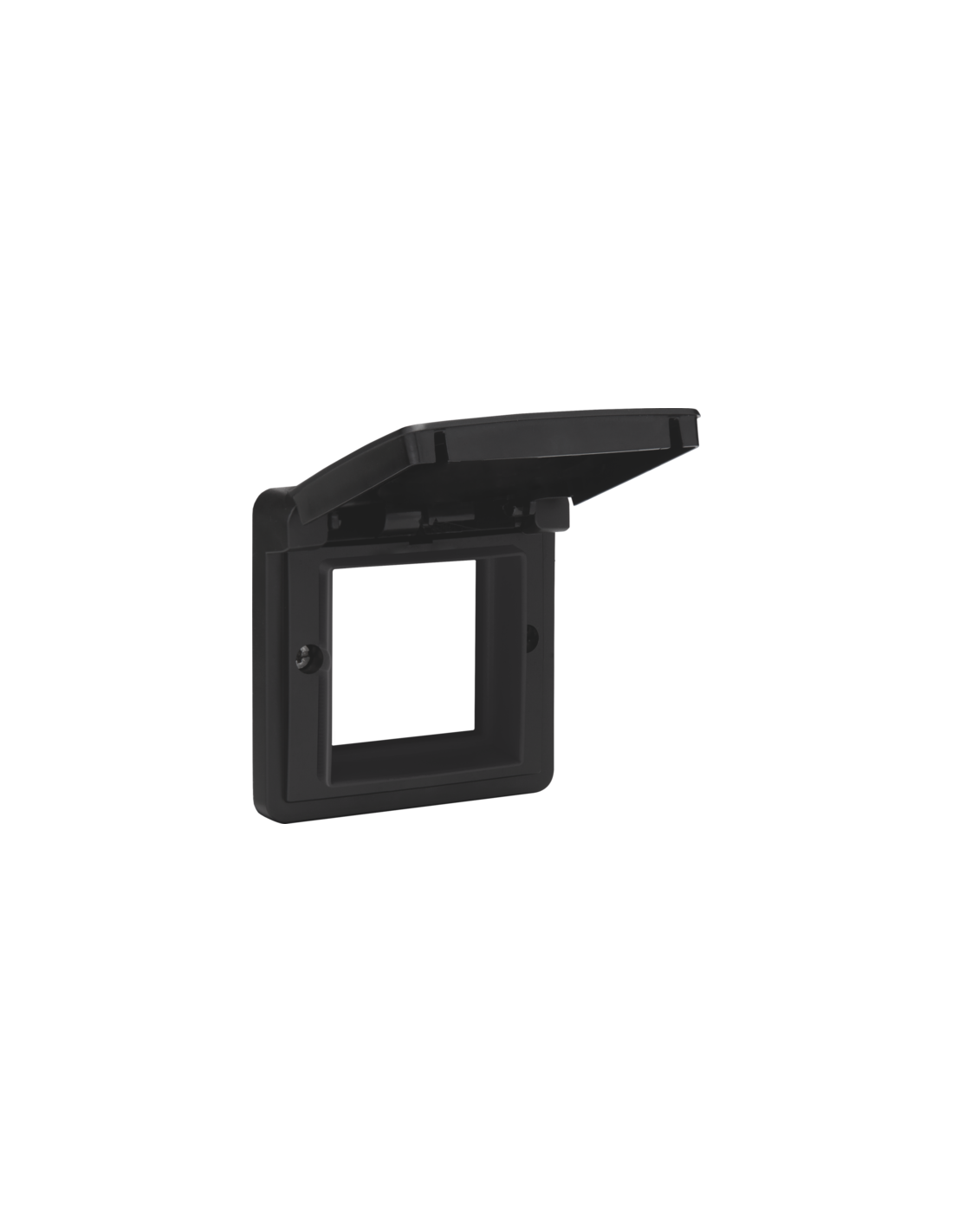 Cadre d’adaptation avec clapet pour fonctions 45 x 45 mm dans des boîtes de montage étanches, couleur noir