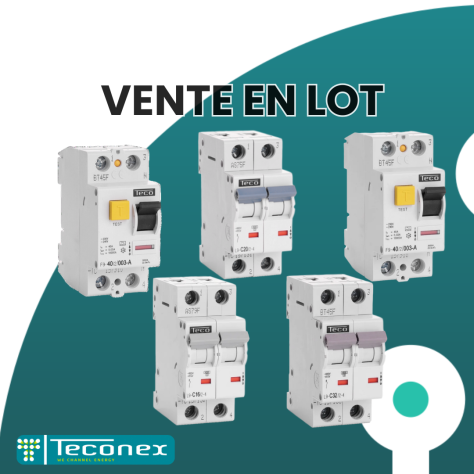 LOT - Disjoncteurs et Interrupteurs différentiel Teconex (30 Disj. C20A - 30 Disj. C16A - 6 Disj C32A. - 5 Diff. 300mA 40A - 5 Diff. 30mA 40A)