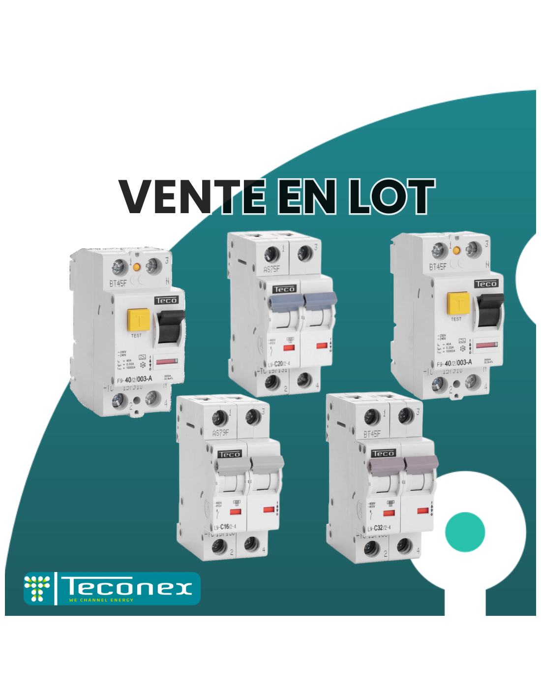 LOT - Disjoncteurs et Interrupteurs différentiel Teconex (30 Disj. C20A - 30 Disj. C16A - 6 Disj C32A. - 5 Diff. 300mA 40A - 5 Diff. 30mA 40A)