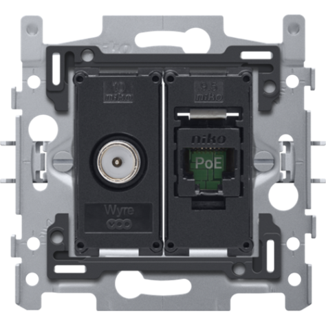 Combinaison coax avec connexion RJ45 UTP Cat. 6, prêt pour l'alimentation PoE++, modèle plat, incl. socle 60 x 71 mm avec fixation par griffes, agréation Wyre (Telenet-Interkabel) et VOO