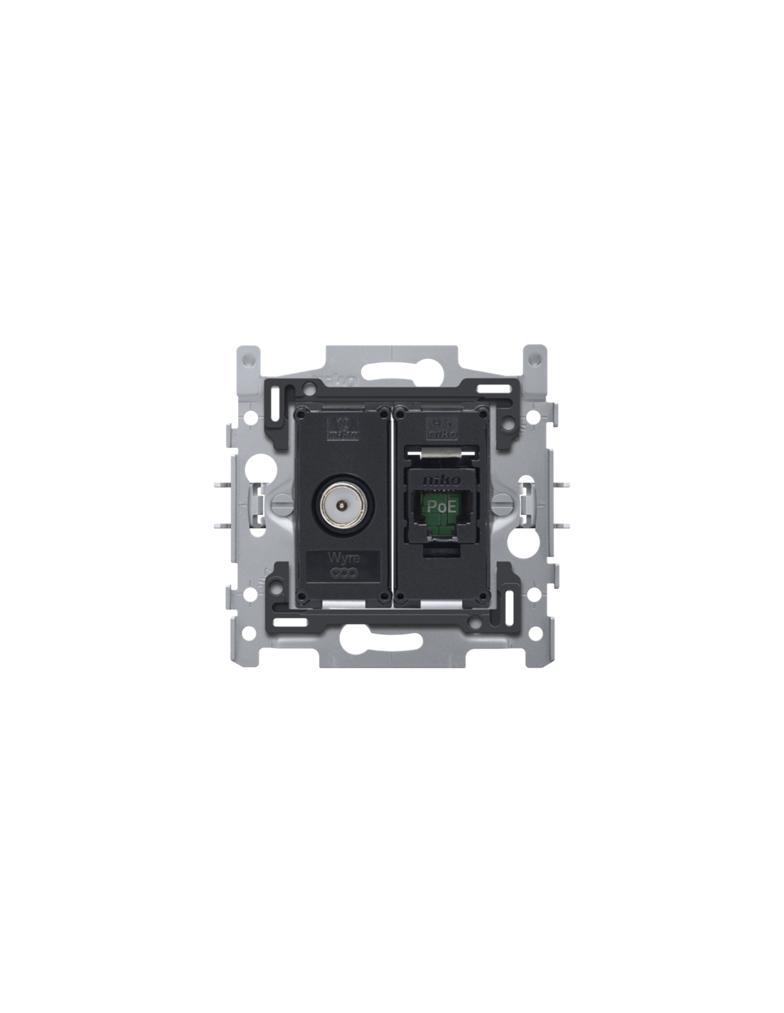 Combinaison coax avec connexion RJ45 UTP Cat. 6, prêt pour l'alimentation PoE++, modèle plat, incl. socle 60 x 71 mm avec fixation par griffes, agréation Wyre (Telenet-Interkabel) et VOO