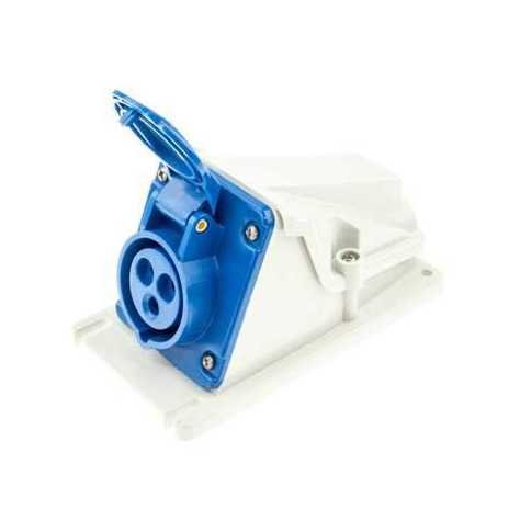 Socle de prise en saillie 90° IP44 - 2P+T 16A 250V - Bleu 6H - Câblage à vis Socle de prise en saillie 90° IP44 - 2P+T 16A 250V - Bleu 6H - Câblage à vis