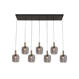 OKIRU Pendel Balk 7xE27 Zwart + 7x as grijs glas Ø150mm