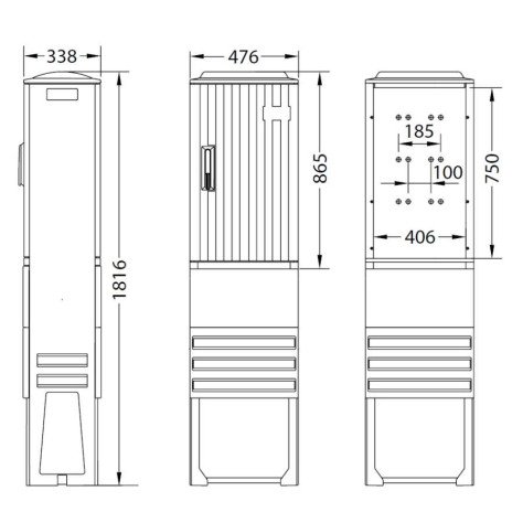 Armoire de trottoir type EH3 DIN 1, fournie avec socle et platine. Dimensions : L 806 x P 338 x H 865/1816 mm (socle compris)