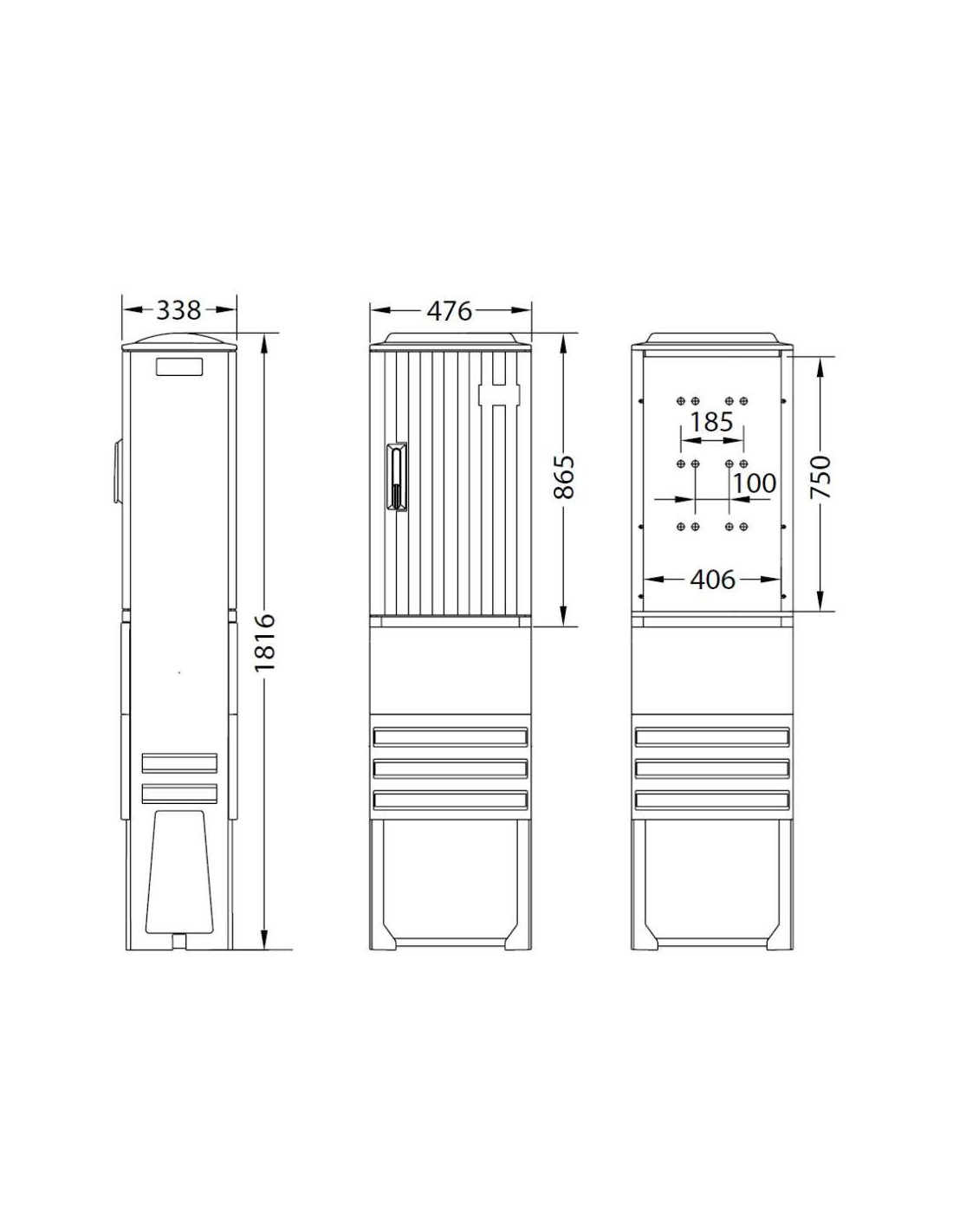 Armoire de trottoir type EH3 DIN 1, fournie avec socle et platine. Dimensions : L 806 x P 338 x H 865/1816 mm (socle compris)